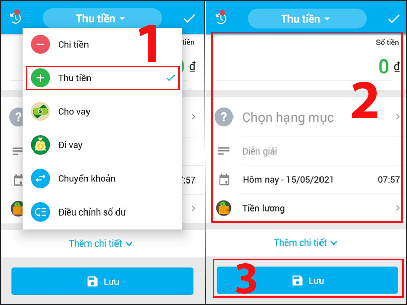 Điền thông tin về số tiền thu và nhấn Lưu
